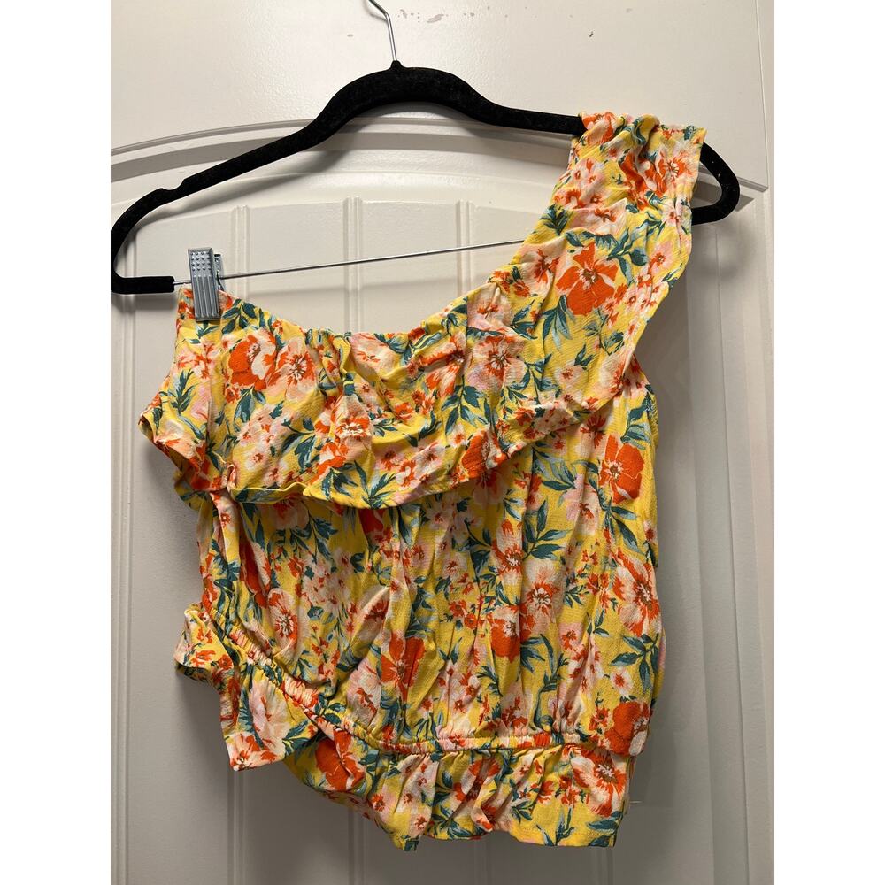 American Eagle Women’s One Shoulder Floral Cropped Ruffle Top Size S Yellow